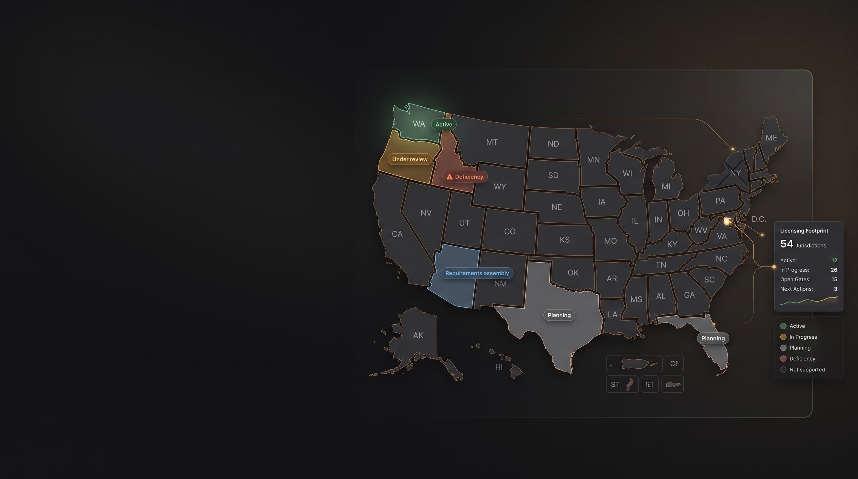 Filum Licensing Map planning view for state entity licensing requirements and footprint orientation.