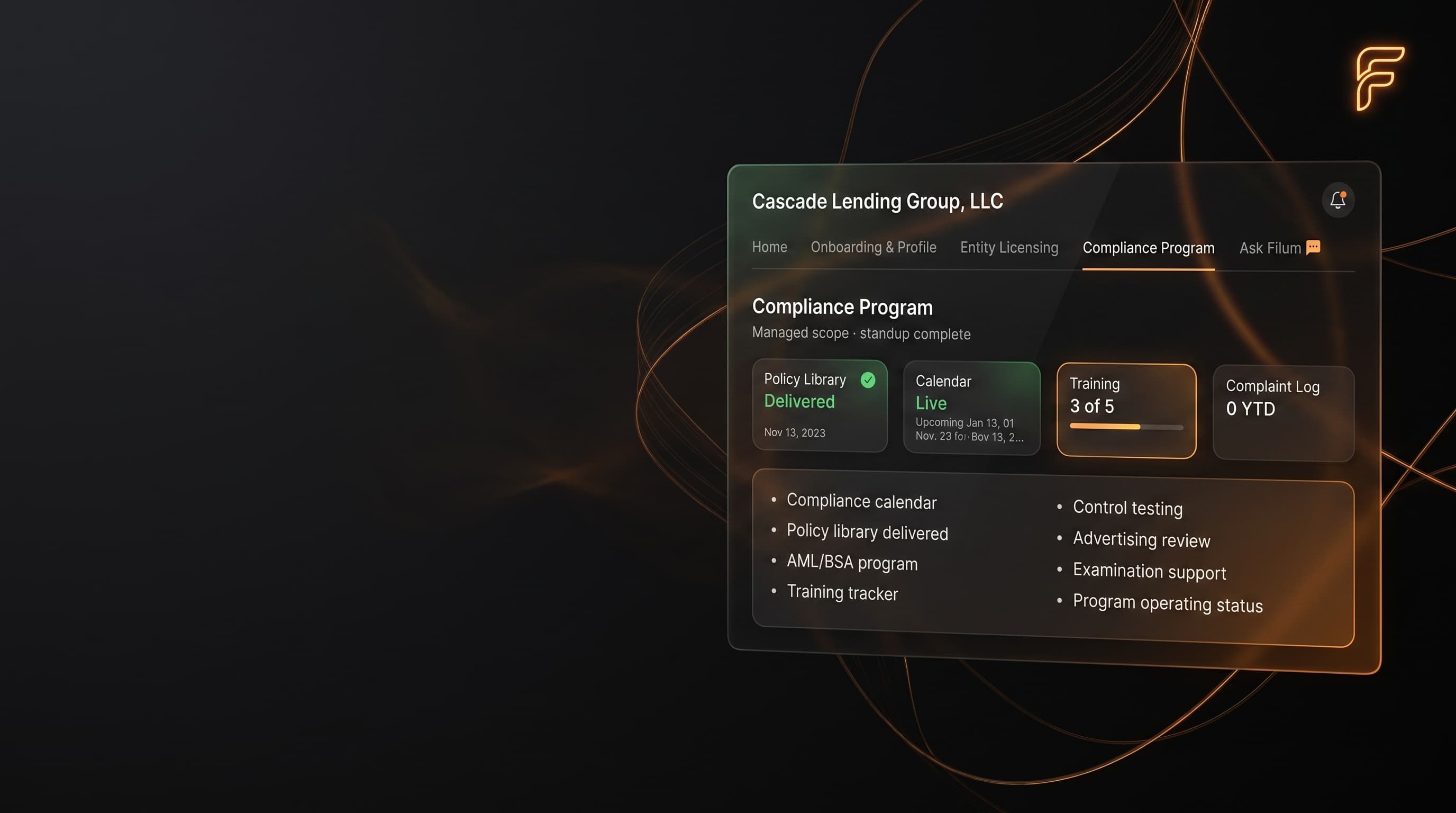 Filum compliance workspace background showing policy library, calendar, training, and operating status panels.
